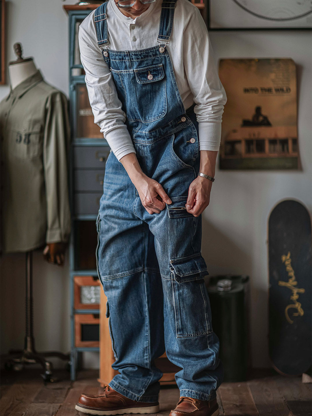 Men's Denim Bib Overalls with Dual Flap Pockets-Jumpsuits & Overalls-CAMOUFIT-Camoufit