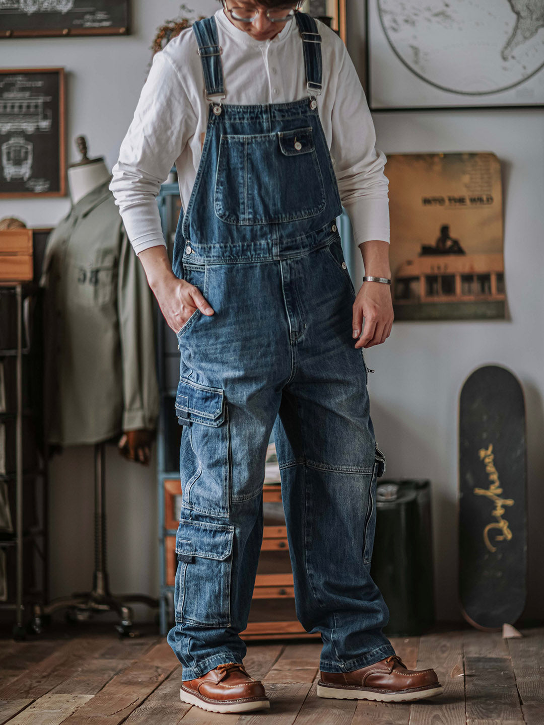 Men's Denim Bib Overalls with Dual Flap Pockets-Jumpsuits & Overalls-CAMOUFIT-Camoufit