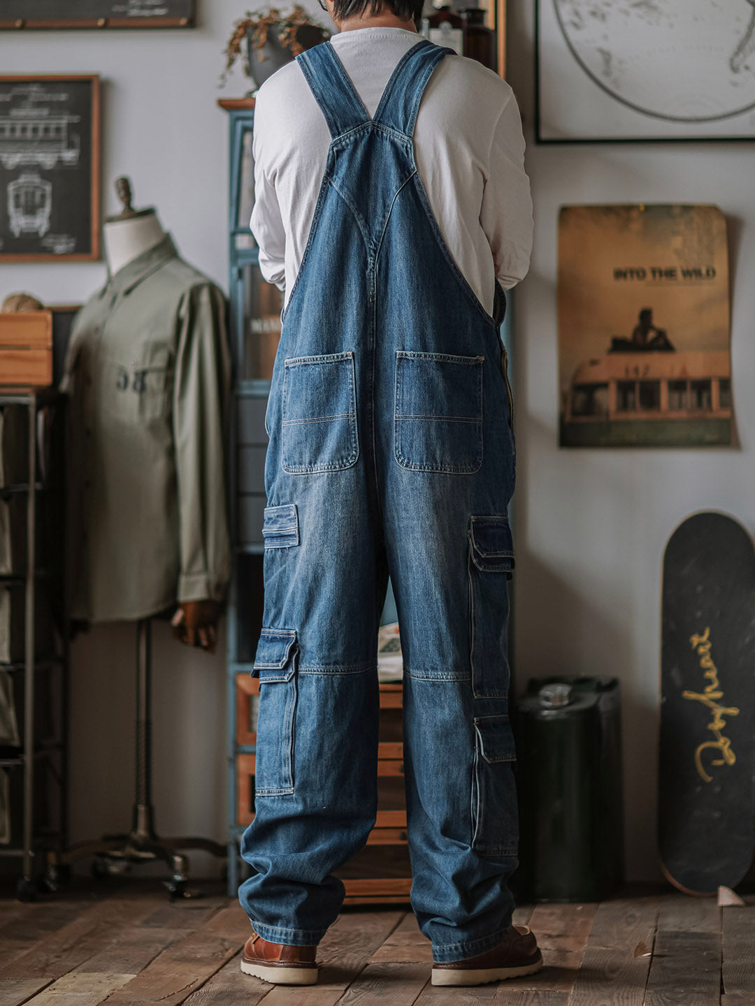 Men's Denim Bib Overalls with Dual Flap Pockets-Jumpsuits & Overalls-CAMOUFIT-Camoufit
