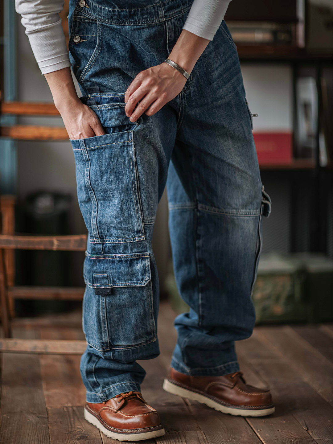 Men's Denim Bib Overalls with Dual Flap Pockets-Jumpsuits & Overalls-CAMOUFIT-Camoufit
