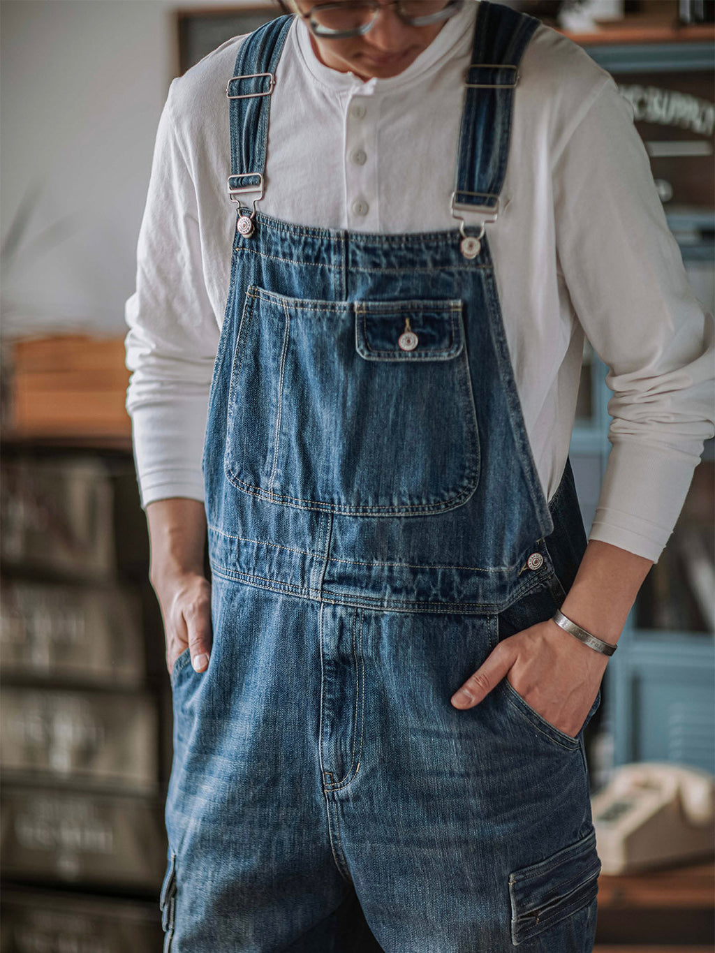 Men's Denim Bib Overalls with Dual Flap Pockets-Jumpsuits & Overalls-CAMOUFIT-Camoufit