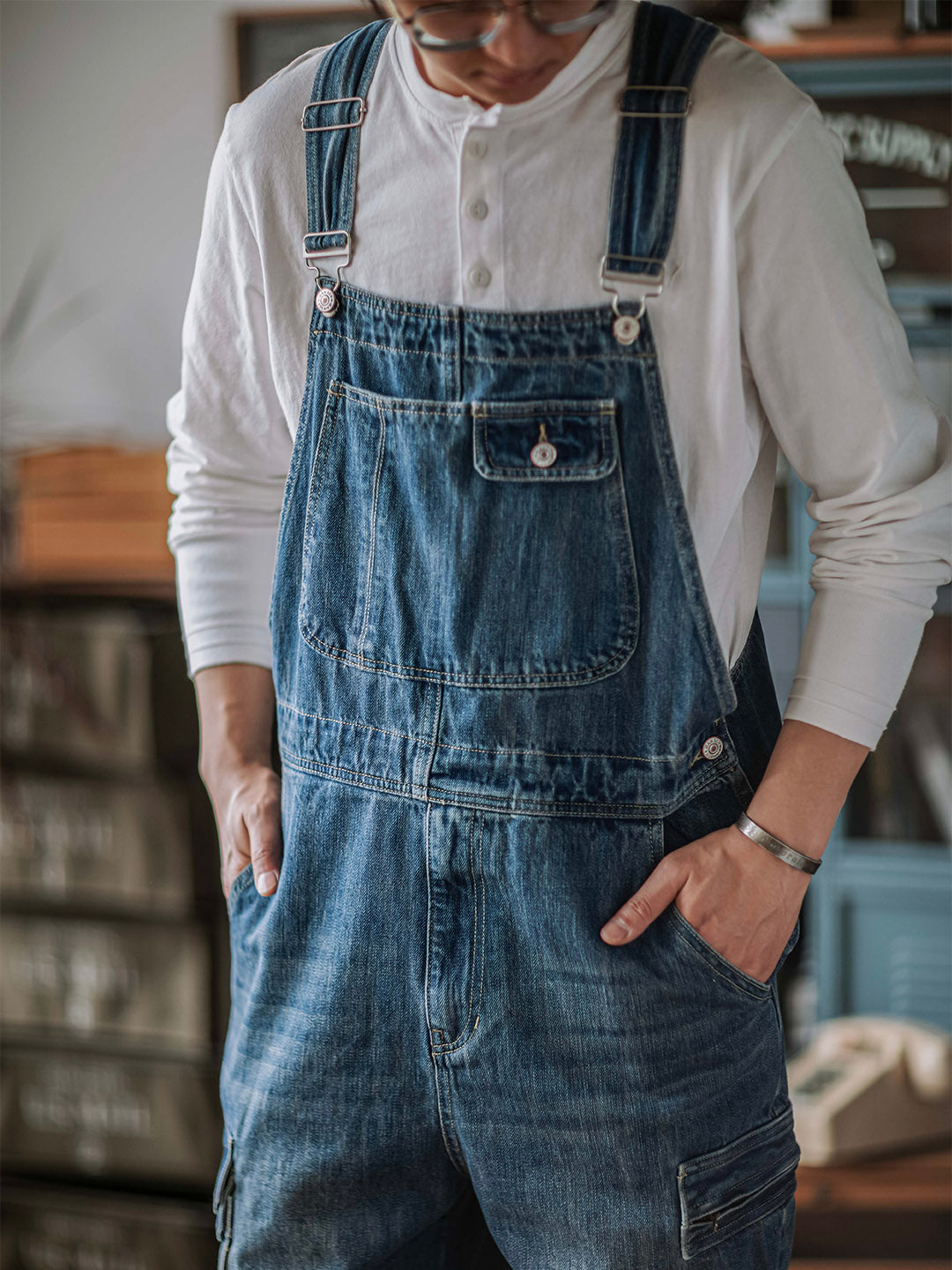 Men's Denim Bib Overalls with Dual Flap Pockets-Jumpsuits & Overalls-CAMOUFIT-Camoufit