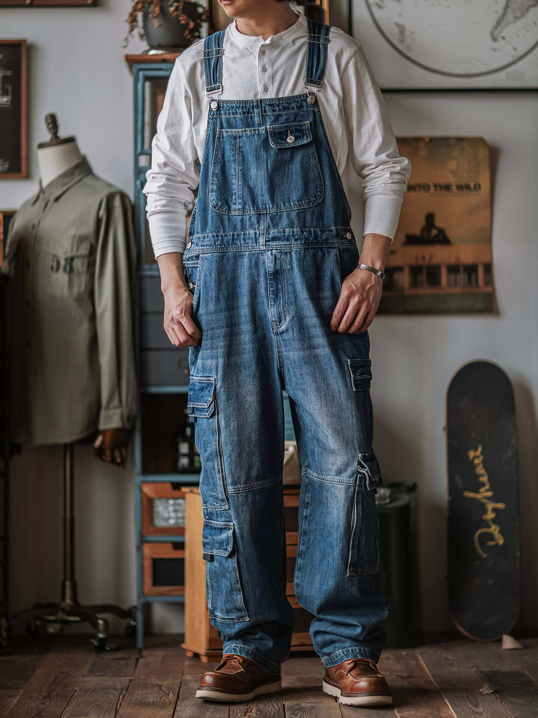 Men's Denim Bib Overalls with Dual Flap Pockets-Jumpsuits & Overalls-CAMOUFIT-Medium Blue-S-Camoufit