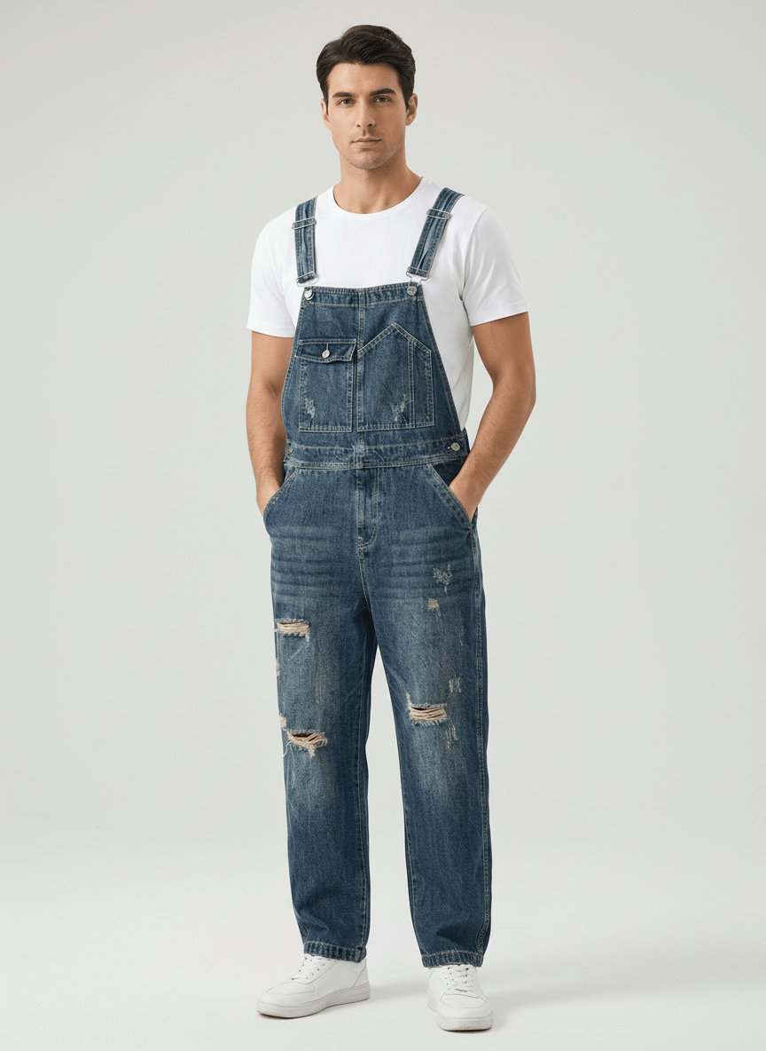 Men's Denim Overalls Distressed Blue Cotton-Men's Overalls-CAMOUFIT-Medium Blue-S-Camoufit