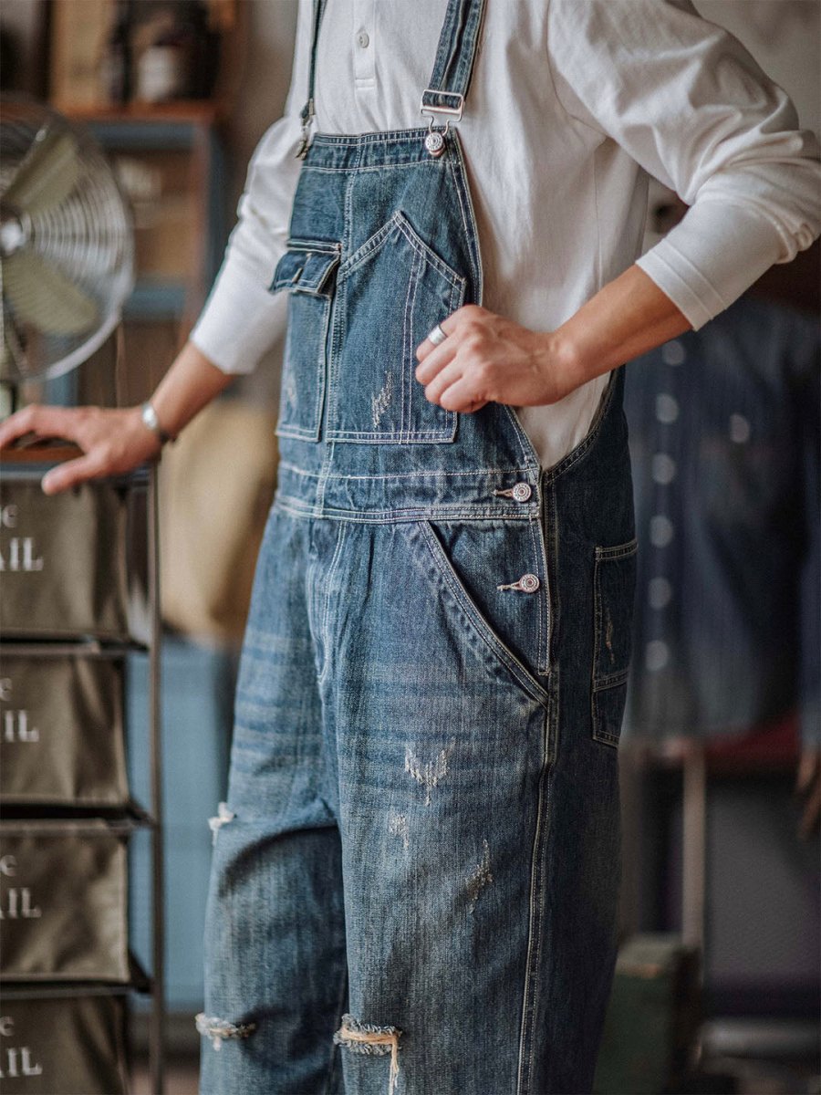 Men's Denim Overalls Distressed Blue Cotton-Men's Overalls-CAMOUFIT-Medium Blue-S-Camoufit
