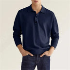 Elvano | Ribbed Polo Shirt for Men - Half Button Long Sleeve Cotton Classic Regular Fit-Men's Sweater-Navy Blue-S-Camoufit
