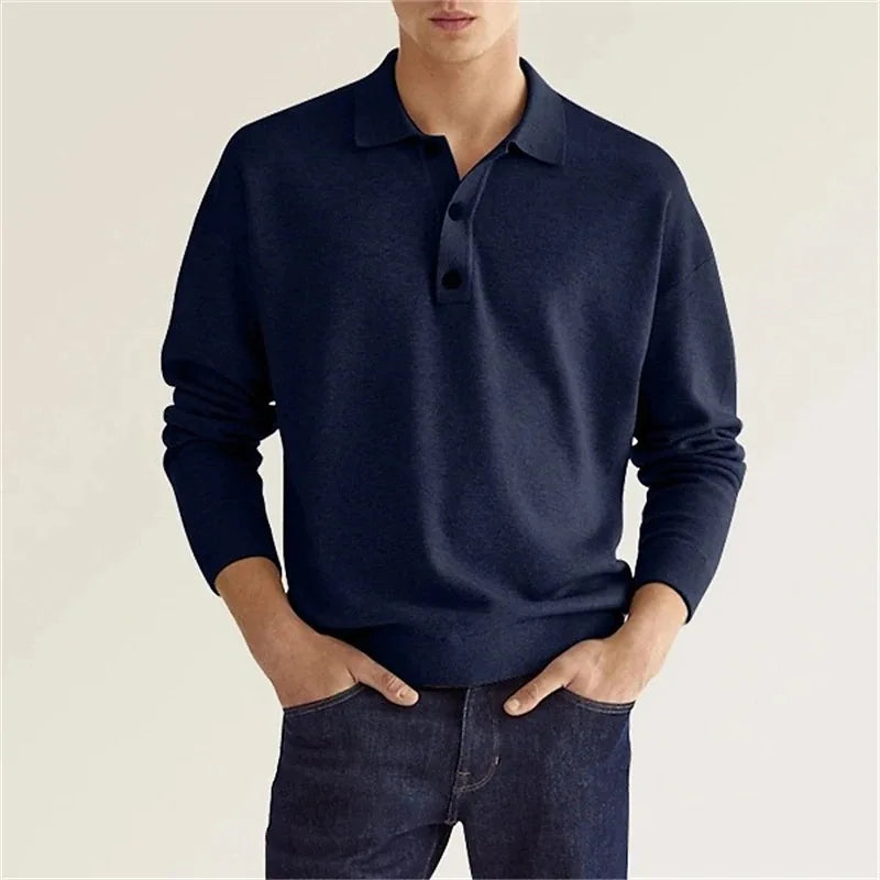 Elvano | Ribbed Polo Shirt for Men - Half Button Long Sleeve Cotton Classic Regular Fit-Men's Sweater-Navy Blue-S-Camoufit