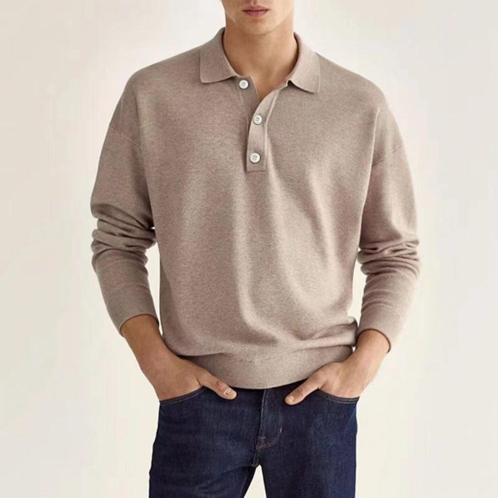Elvano | Ribbed Polo Shirt for Men - Half Button Long Sleeve Cotton Classic Regular Fit-Men's Sweater-Khaki-S-Camoufit