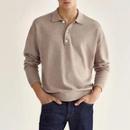 Elvano | Ribbed Polo Shirt for Men - Half Button Long Sleeve Cotton Classic Regular Fit-Men's Sweater-Khaki-S-Camoufit