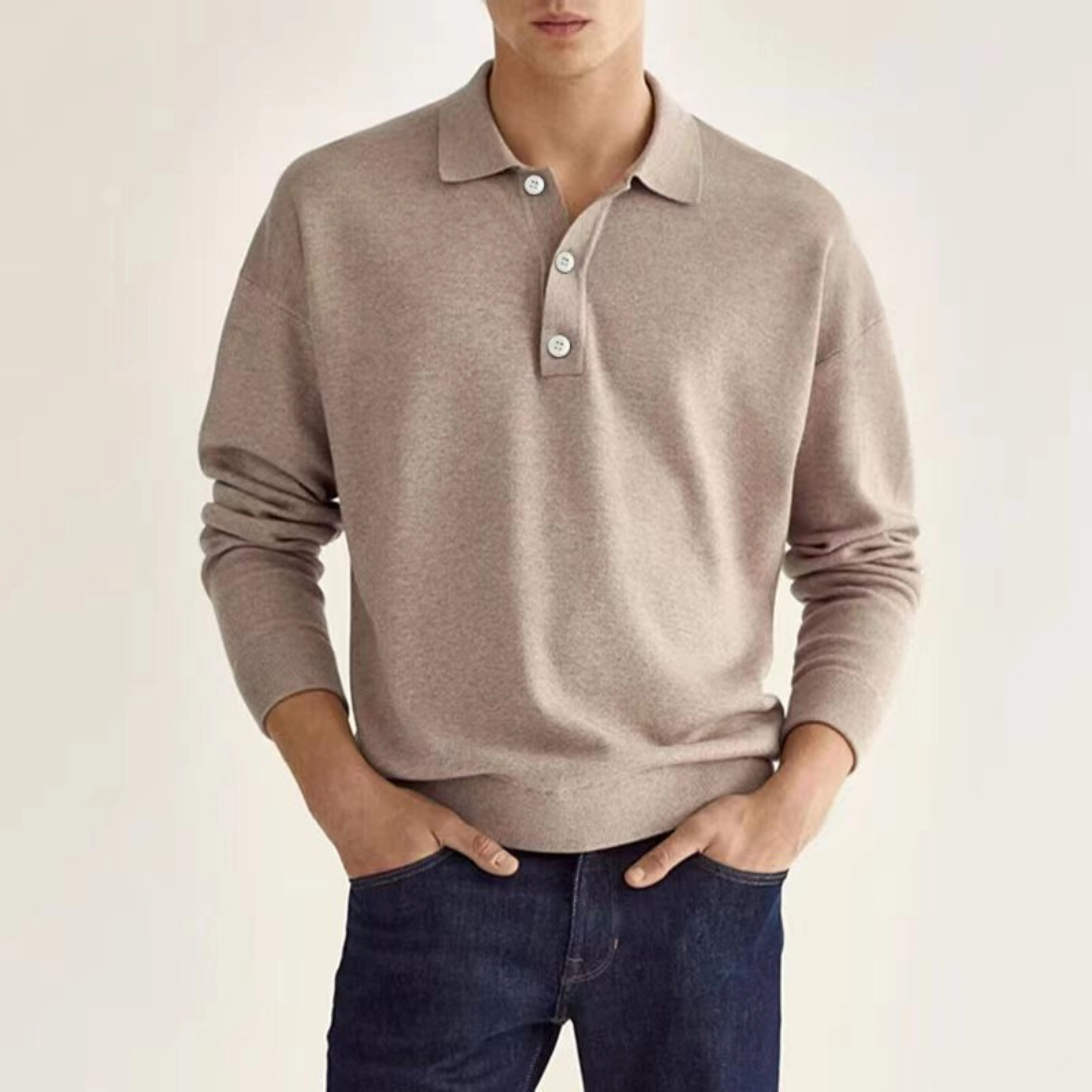Elvano | Ribbed Polo Shirt for Men - Half Button Long Sleeve Cotton Classic Regular Fit-Men's Sweater-Khaki-S-Camoufit