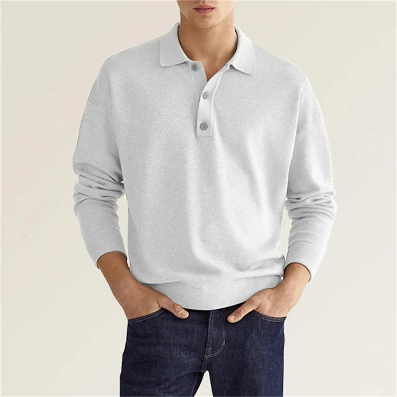 Elvano | Ribbed Polo Shirt for Men - Half Button Long Sleeve Cotton Classic Regular Fit-Men's Sweater-White-S-Camoufit