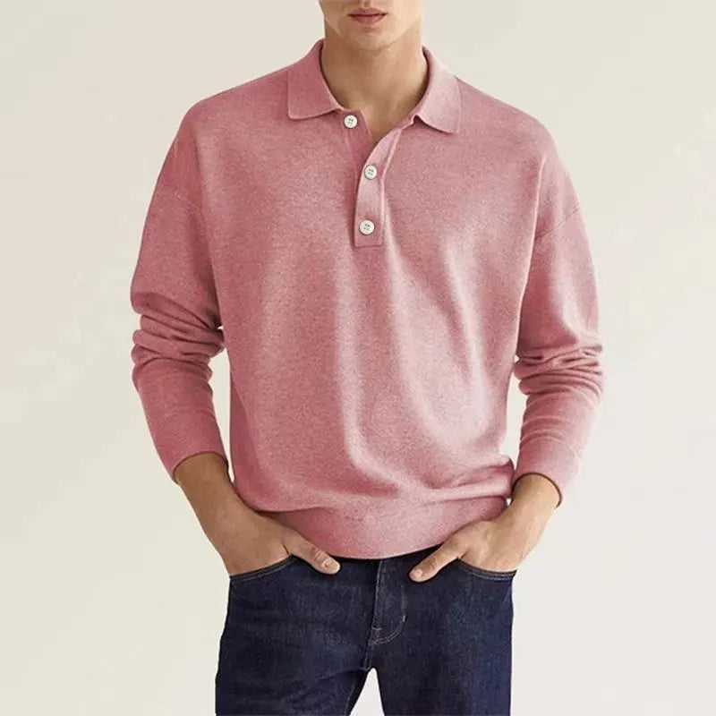 Elvano | Ribbed Polo Shirt for Men - Half Button Long Sleeve Cotton Classic Regular Fit-Men's Sweater-Pink-S-Camoufit