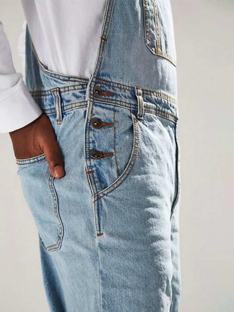 Men's Medium Wash Denim Bib Overalls-Jumpsuits & Overalls-CAMOUFIT