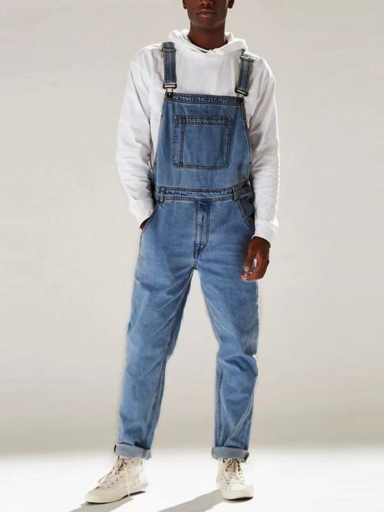 Men's Medium Wash Denim Bib Overalls-Jumpsuits & Overalls-CAMOUFIT-Medium Blue-S(Jeans 28)-Camoufit