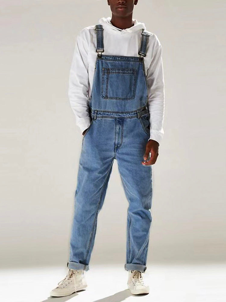 Men's Medium Wash Denim Bib Overalls-Jumpsuits & Overalls-Medium Blue-S(Jeans 28)-CAMOUFIT