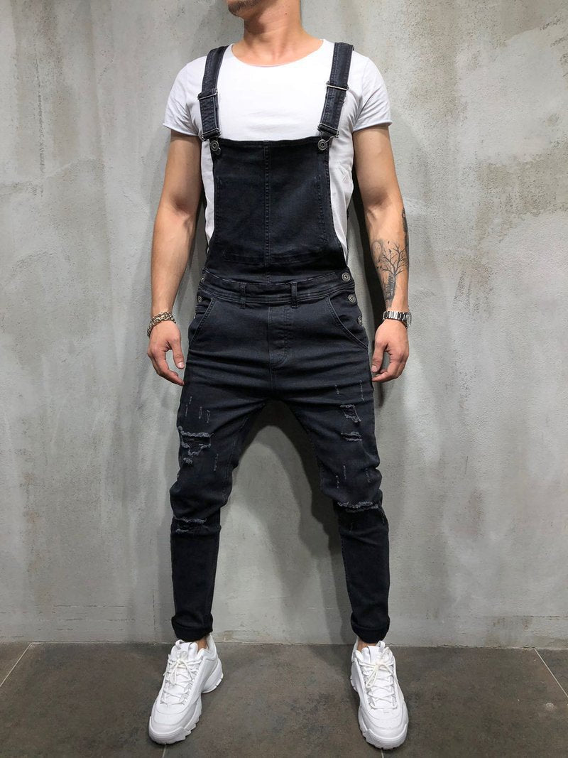 Men's Skinny Fit Distressed Denim Overalls-Jumpsuits & Overalls-Black-S(Jeans 30)-CAMOUFIT
