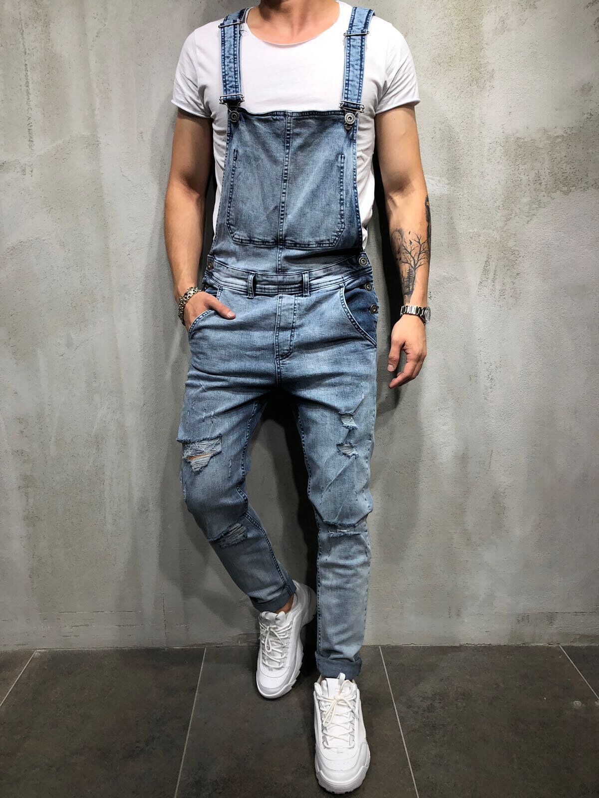Men's Skinny Fit Distressed Denim Overalls-Jumpsuits & Overalls-Blue-S(Jeans 30)-CAMOUFIT