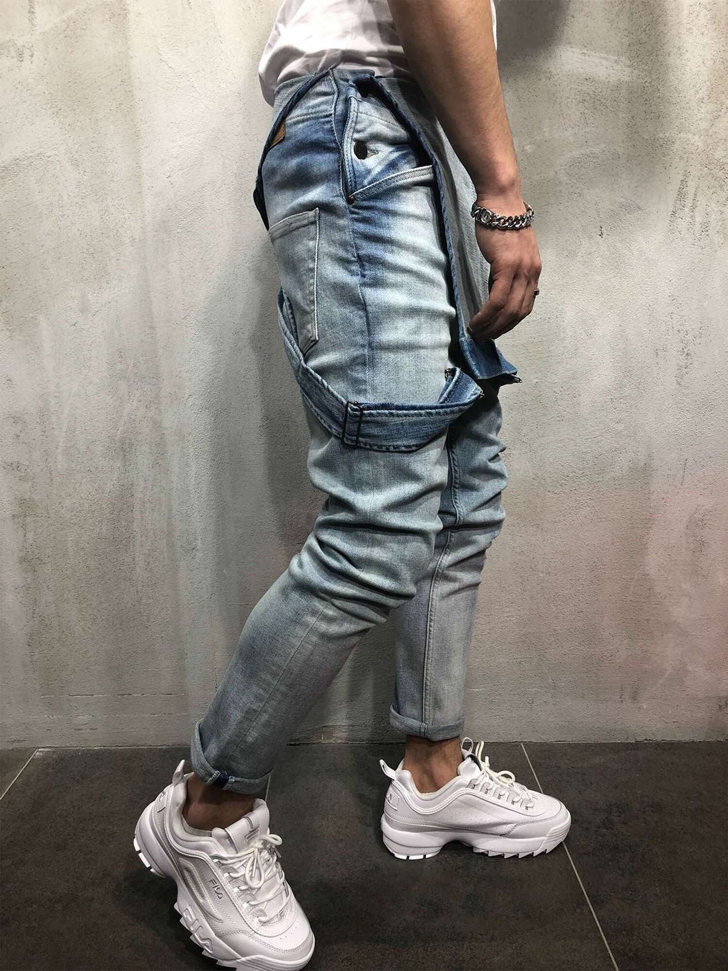 Men's Skinny Fit Distressed Denim Overalls-Jumpsuits & Overalls-CAMOUFIT