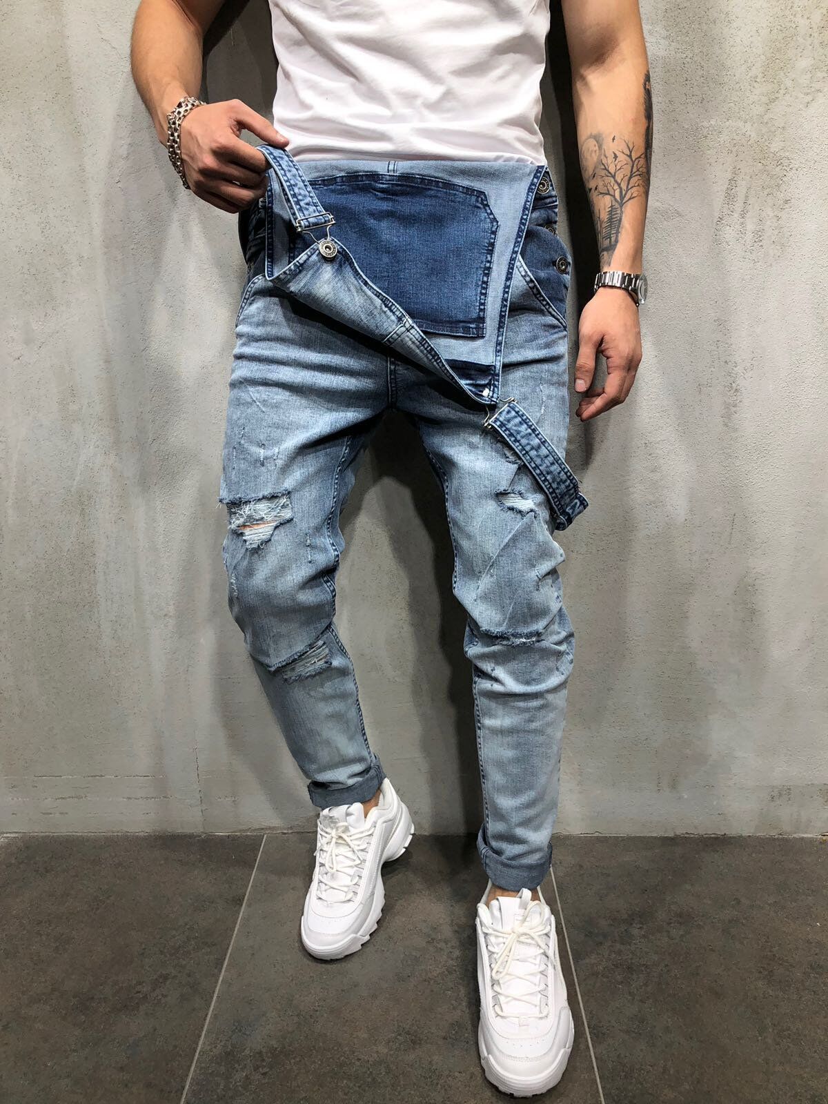 Men's Skinny Fit Distressed Denim Overalls-Jumpsuits & Overalls-CAMOUFIT