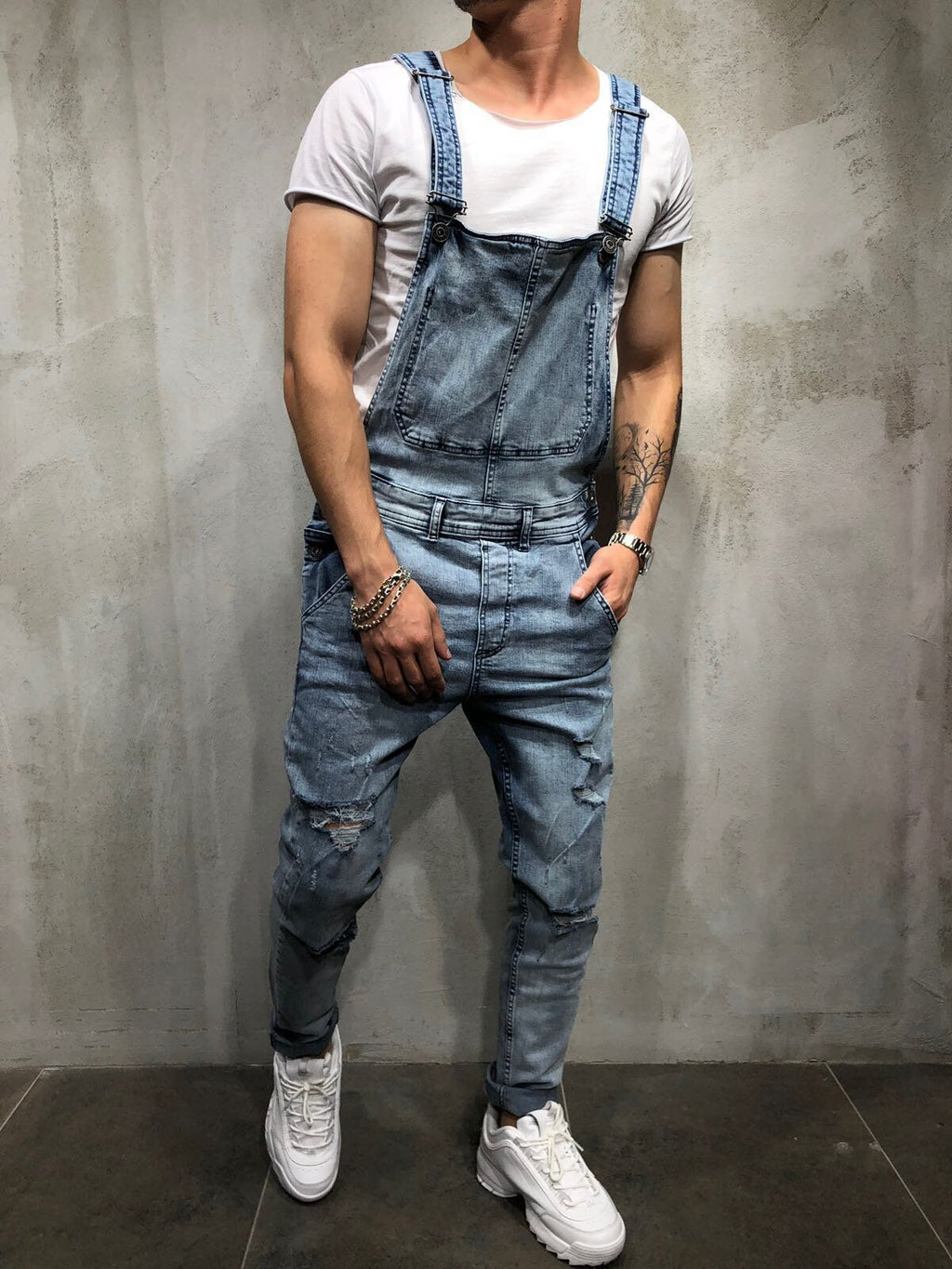 Men's Skinny Fit Distressed Denim Overalls-Jumpsuits & Overalls-CAMOUFIT