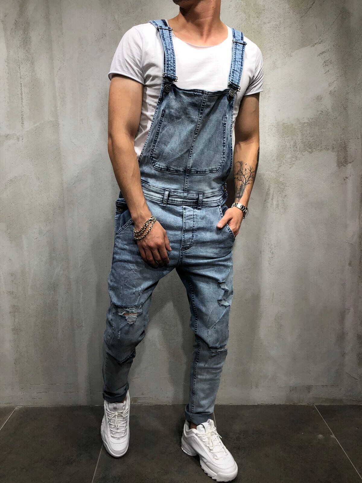 Men's Skinny Fit Distressed Denim Overalls-Jumpsuits & Overalls-CAMOUFIT
