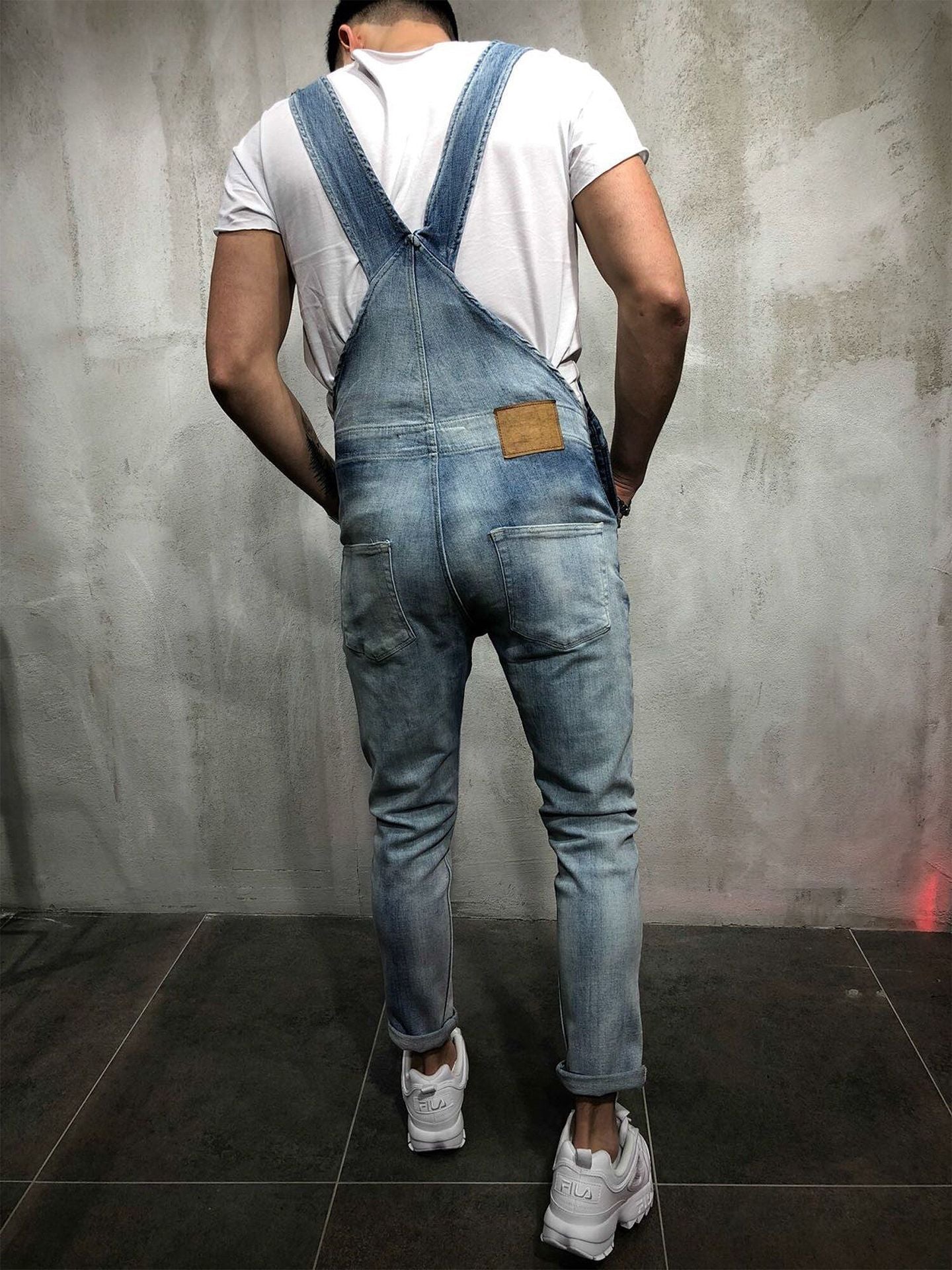 Men's Skinny Fit Distressed Denim Overalls-Jumpsuits & Overalls-CAMOUFIT