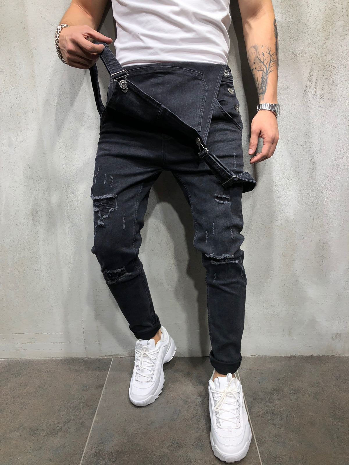 Men's Skinny Fit Distressed Denim Overalls-Jumpsuits & Overalls-CAMOUFIT