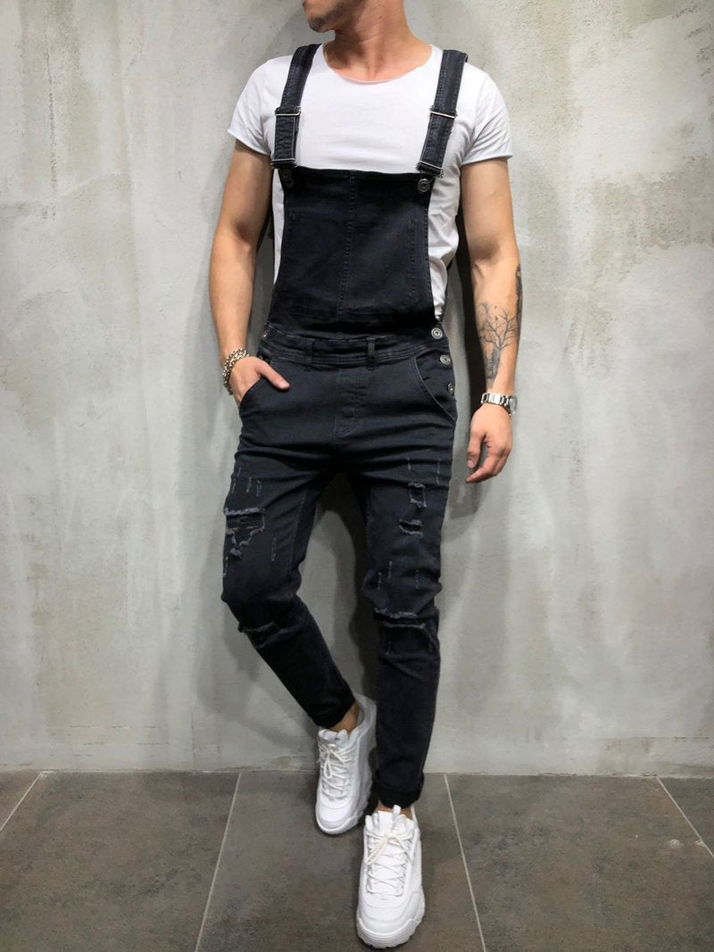 Men's Skinny Fit Distressed Denim Overalls-Jumpsuits & Overalls-CAMOUFIT