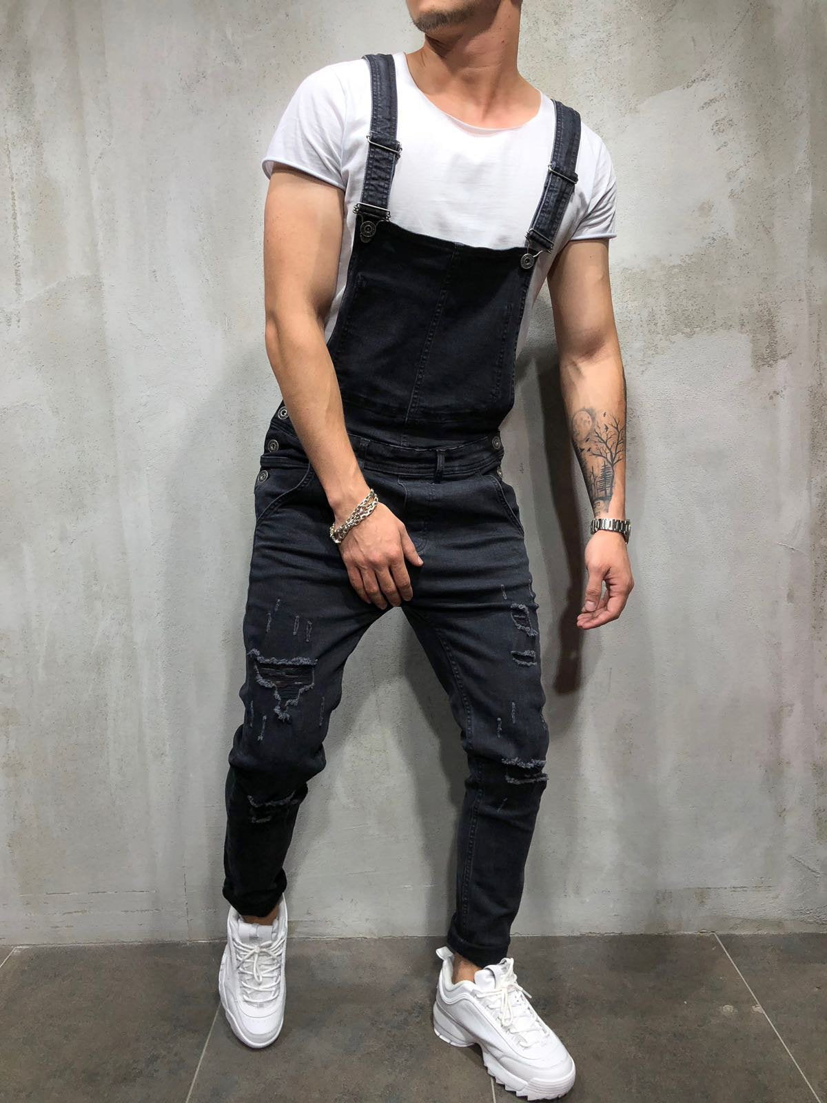 Men's Skinny Fit Distressed Denim Overalls-Jumpsuits & Overalls-CAMOUFIT
