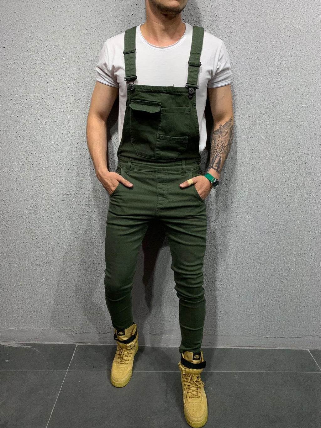 Men's Skinny Fit Flap Pocket Denim Overalls-Jumpsuits & Overalls-Army Green-S(Jeans 30)-CAMOUFIT