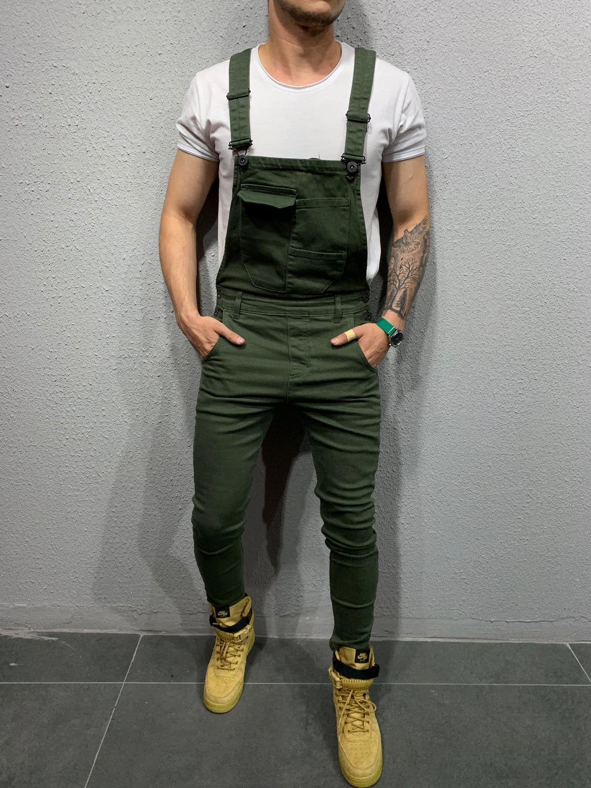 Men's Skinny Fit Flap Pocket Denim Overalls-Jumpsuits & Overalls-Army Green-S(Jeans 30)-CAMOUFIT