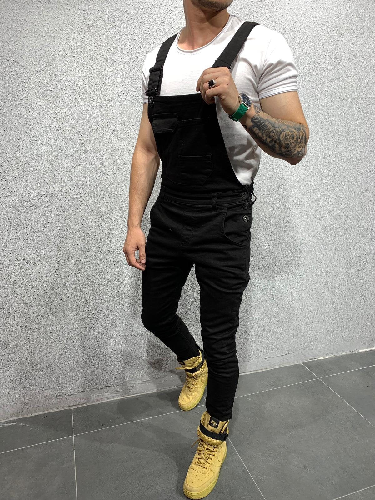 Men's Skinny Fit Flap Pocket Denim Overalls-Jumpsuits & Overalls-Black-S(Jeans 30)-CAMOUFIT