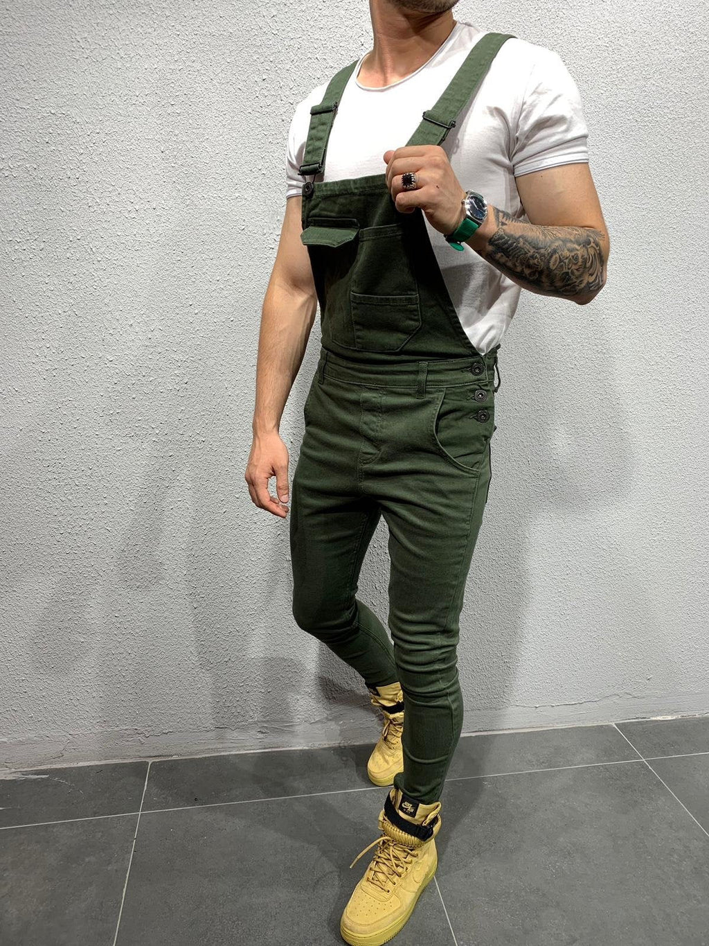 Men's Skinny Fit Flap Pocket Denim Overalls-Jumpsuits & Overalls-CAMOUFIT