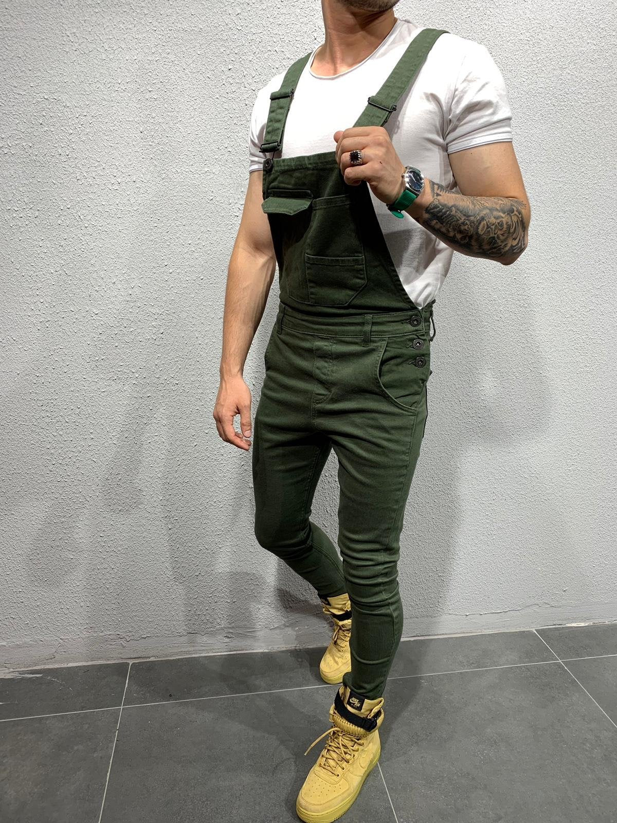 Men's Skinny Fit Flap Pocket Denim Overalls-Jumpsuits & Overalls-CAMOUFIT