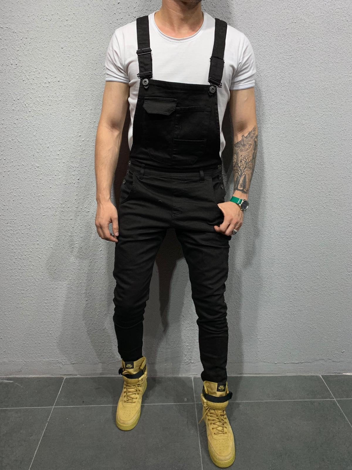 Men's Skinny Fit Flap Pocket Denim Overalls-Jumpsuits & Overalls-CAMOUFIT