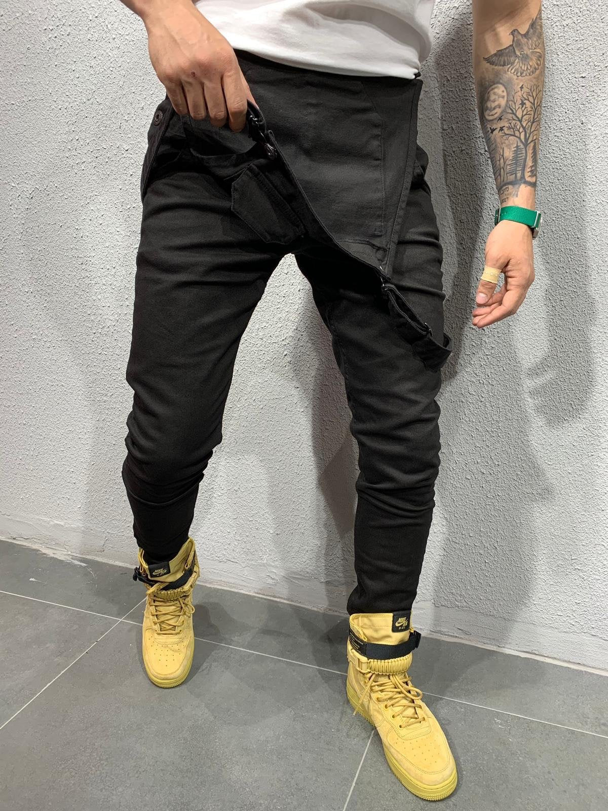 Men's Skinny Fit Flap Pocket Denim Overalls-Jumpsuits & Overalls-CAMOUFIT