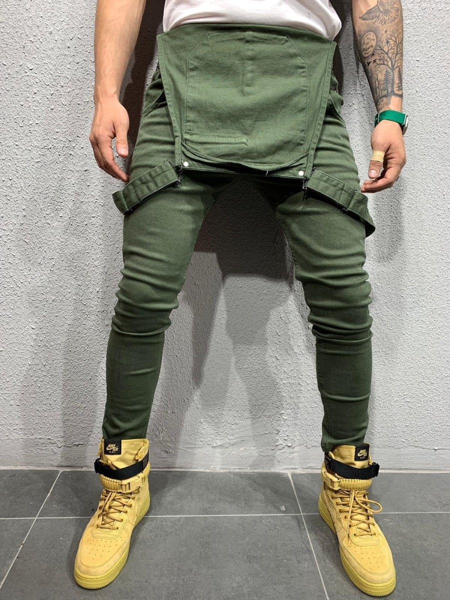 Men's Skinny Fit Flap Pocket Denim Overalls-Jumpsuits & Overalls-CAMOUFIT-Army Green-S-Camoufit
