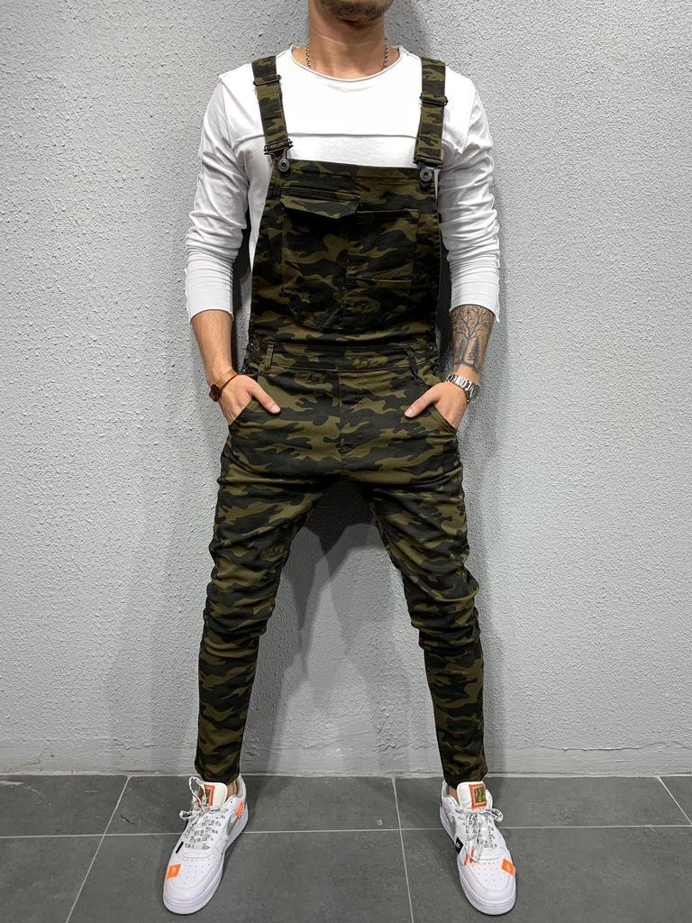 Men's Skinny Fit Flap Pocket Denim Overalls-Jumpsuits & Overalls-Camouflage-S(Jeans 30)-CAMOUFIT