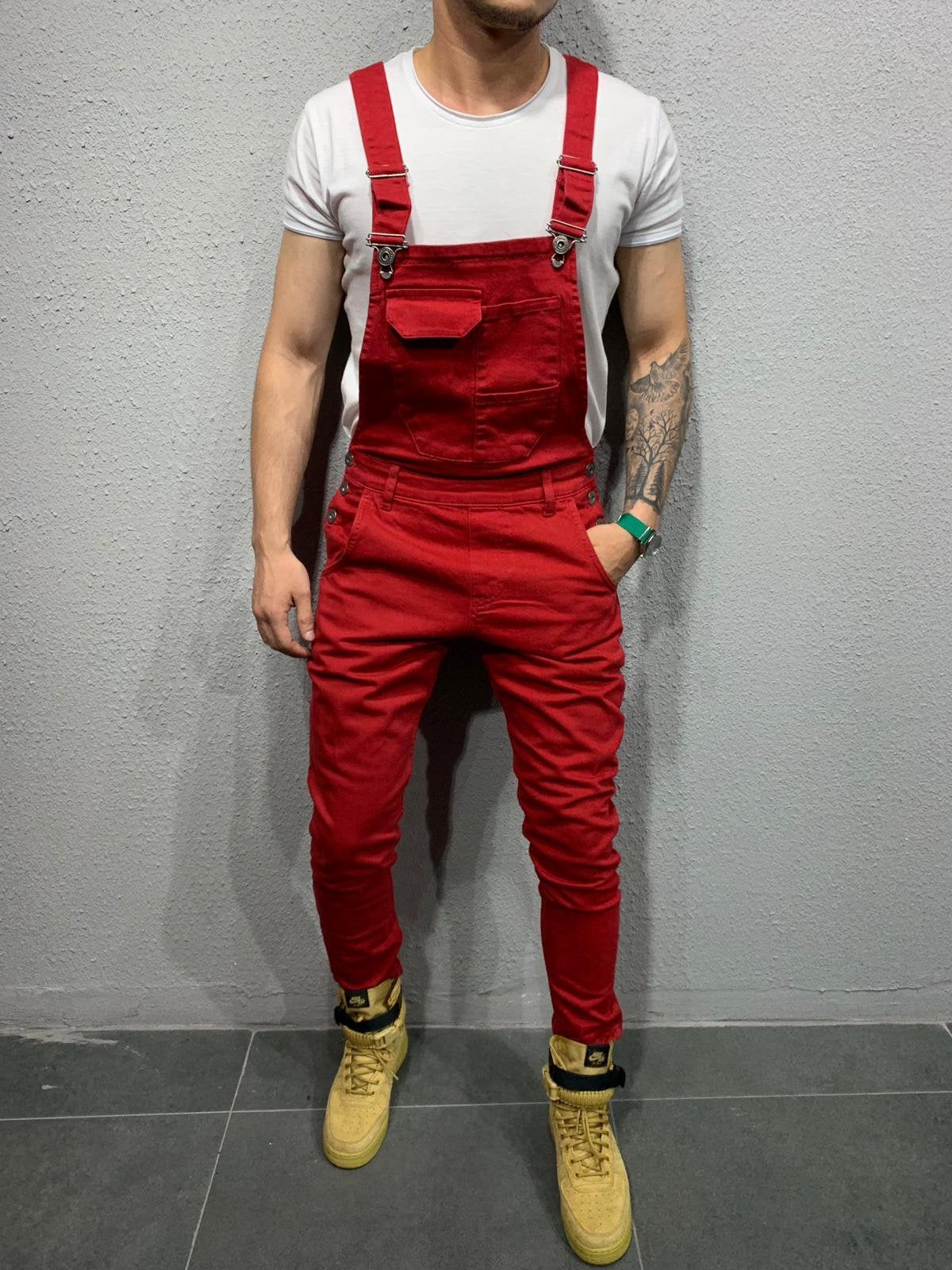 Men's Skinny Fit Flap Pocket Denim Overalls-Jumpsuits & Overalls-Red-S(Jeans 30)-CAMOUFIT