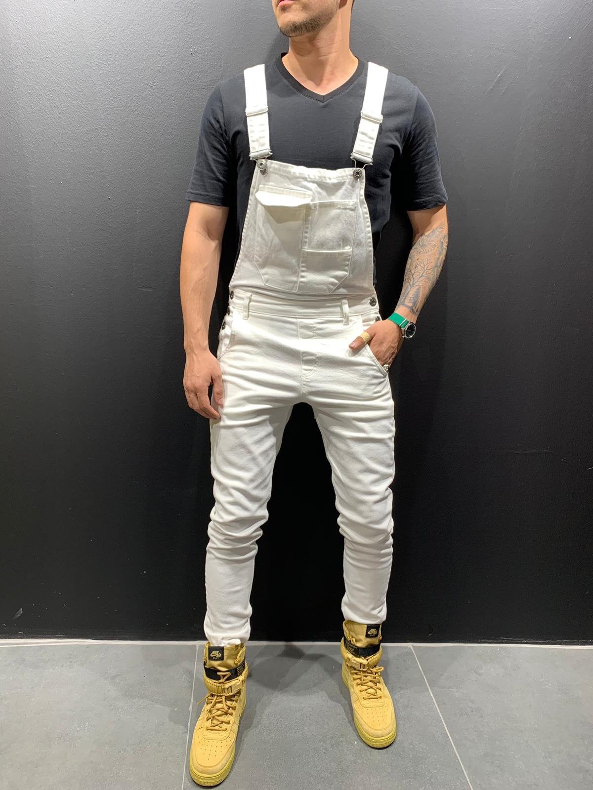 Men's Skinny Fit Flap Pocket Denim Overalls-Jumpsuits & Overalls-White-S(Jeans 30)-CAMOUFIT