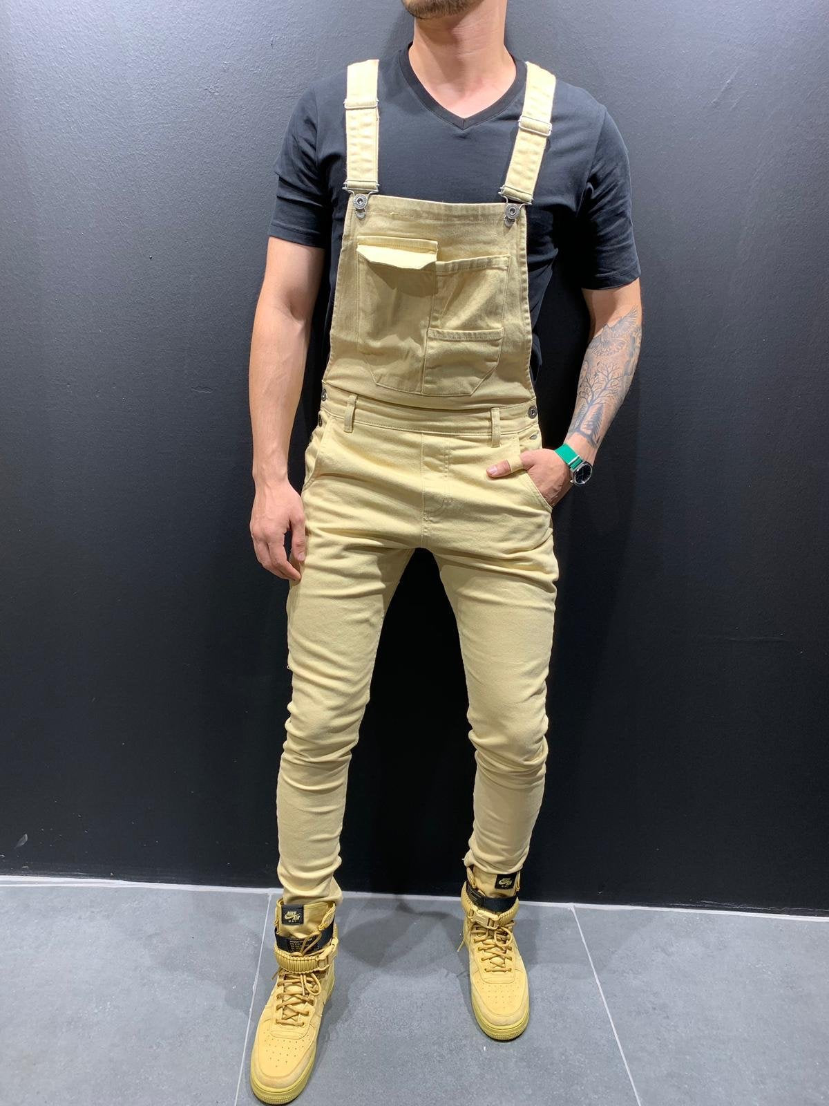Men's Skinny Fit Flap Pocket Denim Overalls-Jumpsuits & Overalls-Yellow-S(Jeans 30)-CAMOUFIT