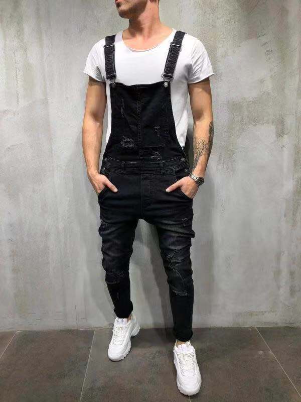Men's Skinny Fit Stretch Denim Overalls-Jumpsuits & Overalls-Black-S(Jeans 28)-Camoufit