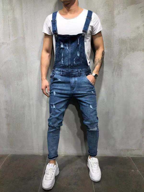 Men's Skinny Fit Stretch Denim Overalls-Jumpsuits & Overalls-Blue-S(Jeans 28)-Camoufit