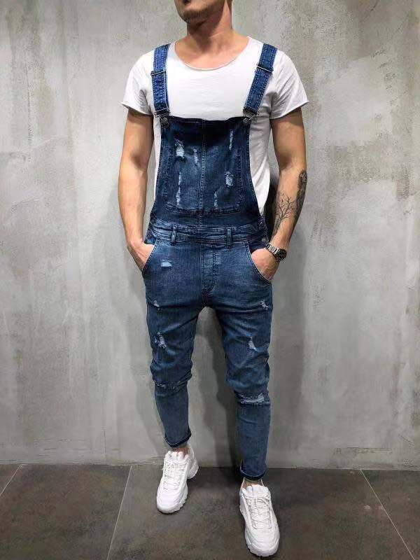 Men's Skinny Fit Stretch Denim Overalls-Jumpsuits & Overalls-CAMOUFIT-Blue-S-Camoufit