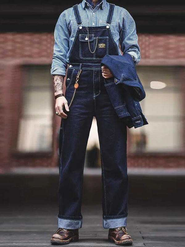 Men's Vintage-Inspired Indigo Denim Overalls-Jumpsuits & Overalls-Dark Blue-S-Camoufit
