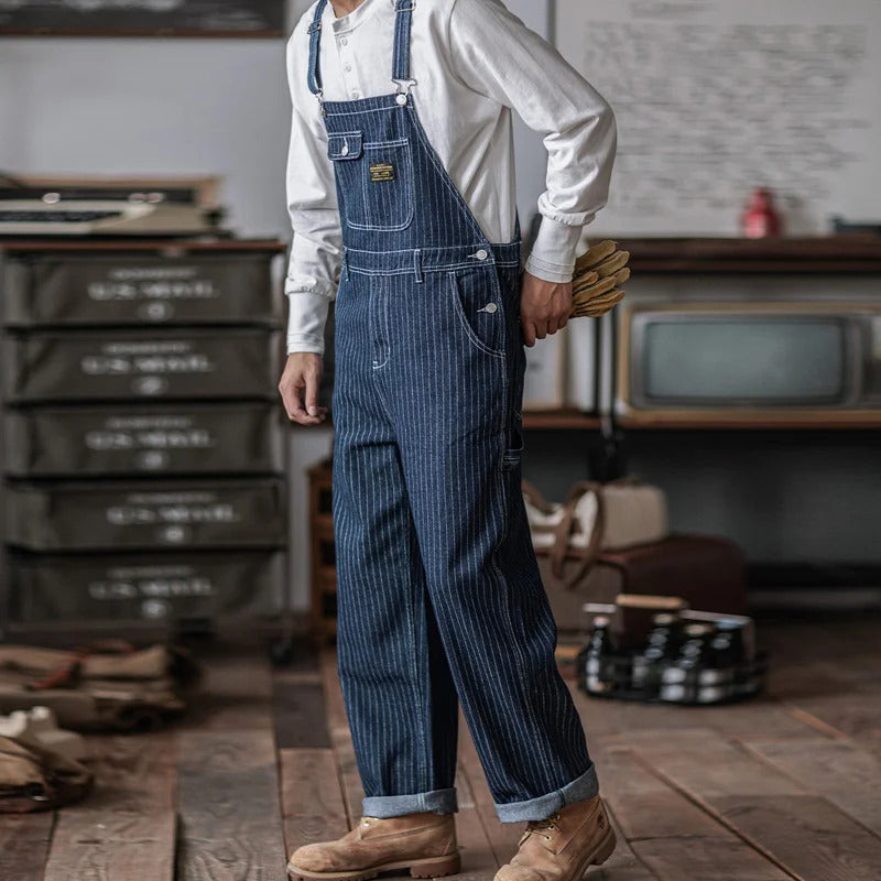 Men's Vintage-Inspired Indigo Denim Overalls-Jumpsuits & Overalls-Striped Blue-S-Camoufit