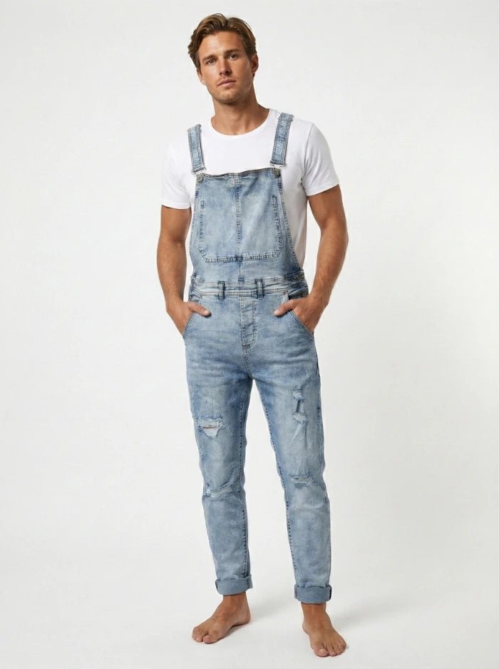 Men's Denim Overalls Distressed Cotton Blend-Overalls-CAMOUFIT-Blue-S-Camoufit