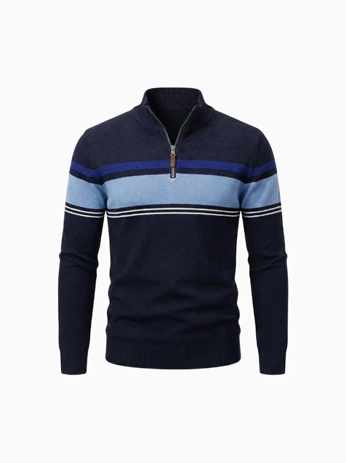 Mens Quarter Zip Knit Sweater Casual Striped Pullover-Men's Quarter-zip Sweater-CAMOUFIT-Navy Blue-S-Camoufit