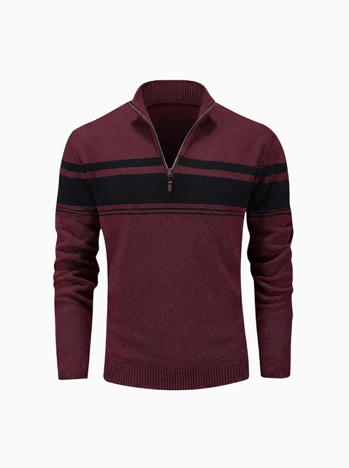 Mens Quarter Zip Knit Sweater Casual Striped Pullover-Men's Quarter-zip Sweater-CAMOUFIT-Wine-S-Camoufit