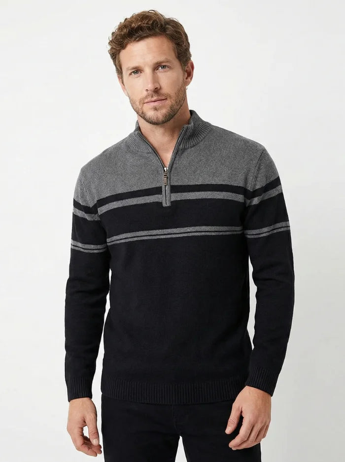 Mens Quarter Zip Knit Sweater Casual Striped Pullover-Men's Quarter-zip Sweater-CAMOUFIT-Black-S-Camoufit